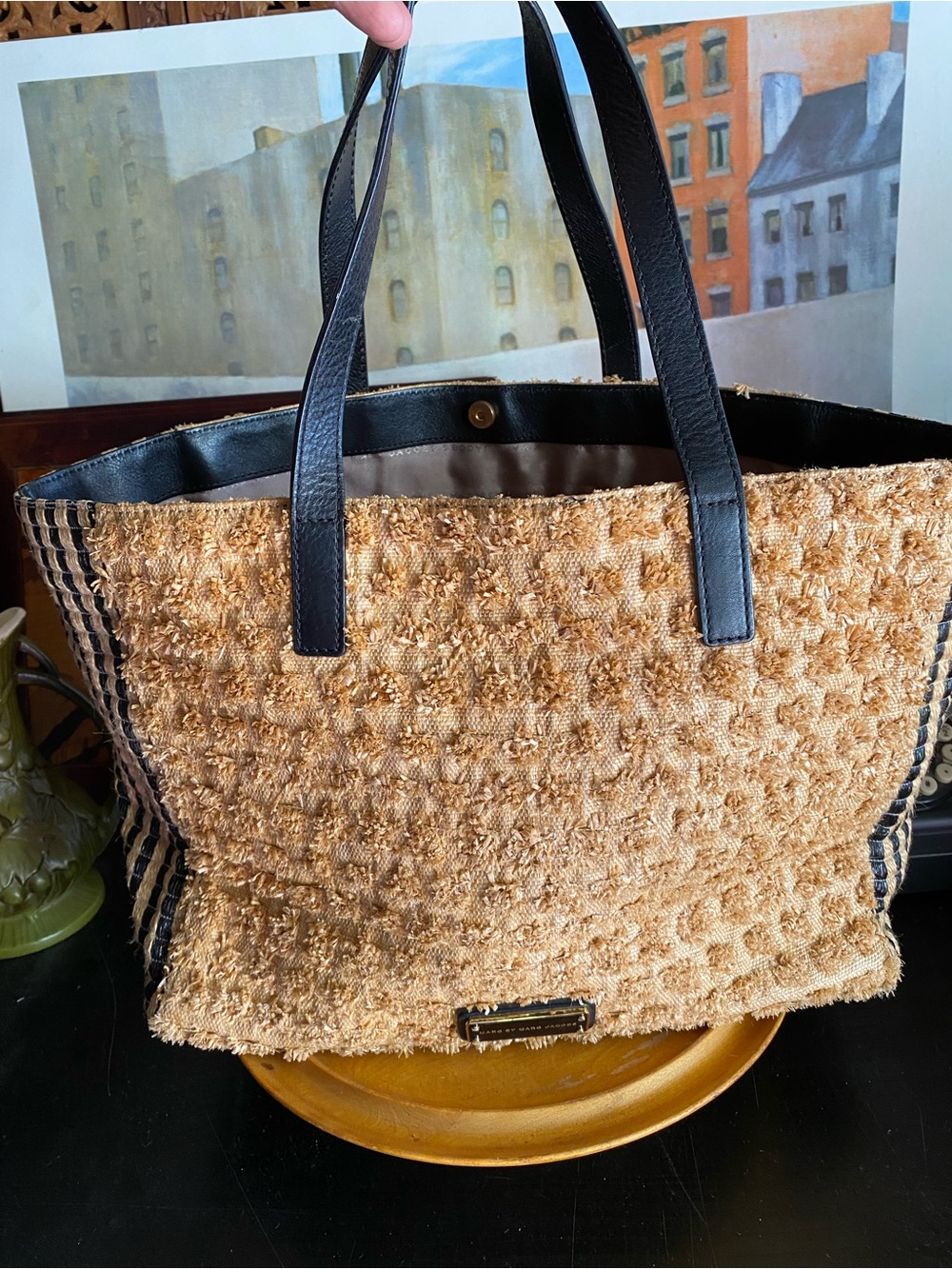Marc Jacobs Tan Textured Tote with Black Trim and Handles
